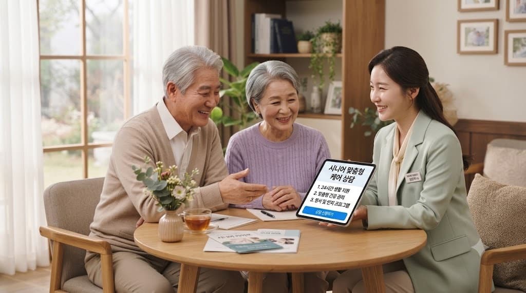 어르신 부부와 마주 앉아 시설 후보를 함께 살펴보는 상담 장면